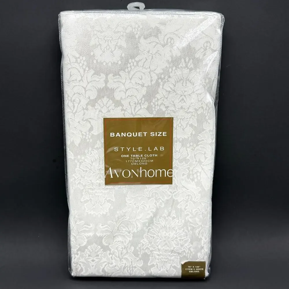 Avon Style Lab White Damask Tablecloth 70x144 Oblong Rectangle Christmas Holiday